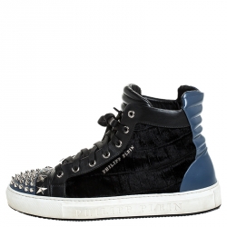 Philipp Plein Black/Blue Leather And Velvet Star And Spike Studded High Top Sneakers Size 42