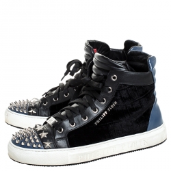 Philipp Plein Black/Blue Leather And Velvet Star And Spike Studded High Top Sneakers Size 42