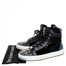 Philipp Plein Black/Blue Leather And Velvet Star And Spike Studded High Top Sneakers Size 42
