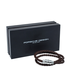Pre Owned Porsche Design Grooves Brown Leather Stainless Steel Triple Wrap Bracelet