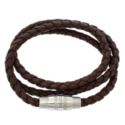 Pre Owned Porsche Design Grooves Brown Leather Stainless Steel Triple Wrap Bracelet