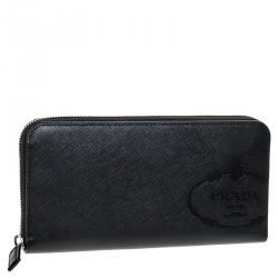 Prada Black Saffiano Leather Zip Around Wallet