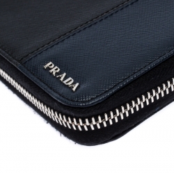 Pre Owned Prada Black/Blue Saffiano Leather Zip Around Organizer