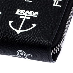 Prada Black/White  Seagull Print Saffiano Leather Zip Around Wallet
