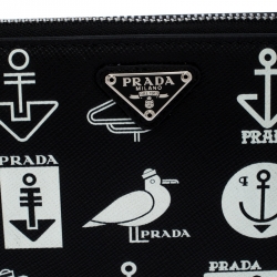 Prada Black/White  Seagull Print Saffiano Leather Zip Around Wallet