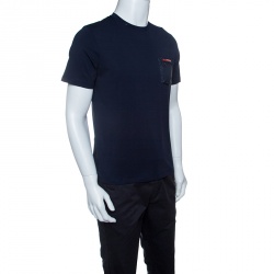 Pre Owned Prada Navy Blue Contrast Pocket and Shoulder Patch Detail Cotton T-Shirt M