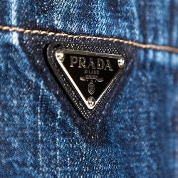 Pre Owned Prada Indigo Denim Logo Plaque Detail Bowling Shirt M