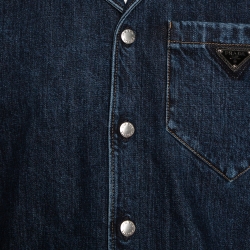 Pre Owned Prada Indigo Denim Logo Plaque Detail Bowling Shirt M