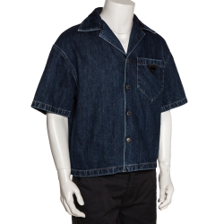 Pre Owned Prada Indigo Denim Logo Plaque Detail Bowling Shirt M