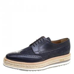Prada Blue Denim And Brogue Wingtip Leather Espadrille Derby Size 44