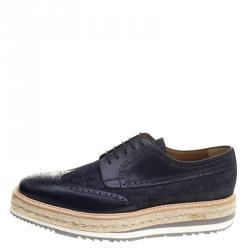 Prada Blue Denim And Brogue Wingtip Leather Espadrille Derby Size 44