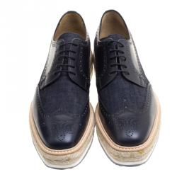 Prada Blue Denim And Brogue Wingtip Leather Espadrille Derby Size 44