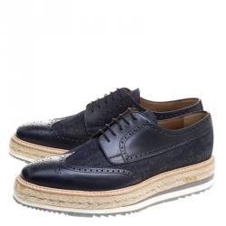 Prada Blue Denim And Brogue Wingtip Leather Espadrille Derby Size 44