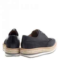 Prada Blue Denim And Brogue Wingtip Leather Espadrille Derby Size 44