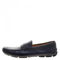 Pre Owned Prada Dark Blue Pebbled Leather Loafers Size 42