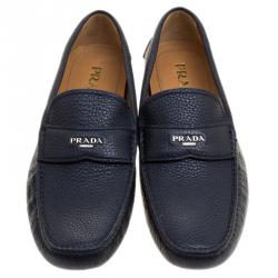 Pre Owned Prada Dark Blue Pebbled Leather Loafers Size 42