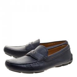 Pre Owned Prada Dark Blue Pebbled Leather Loafers Size 42