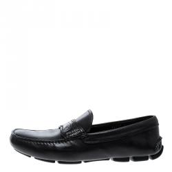 Pre Owned Prada Black Leather and Croc Trim Penny Loafers Size 40.5