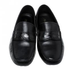 Pre Owned Prada Black Leather and Croc Trim Penny Loafers Size 40.5