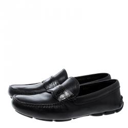 Pre Owned Prada Black Leather and Croc Trim Penny Loafers Size 40.5
