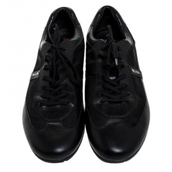 Prada Black Leather And Nylon Lace Up Sneakers Size 44