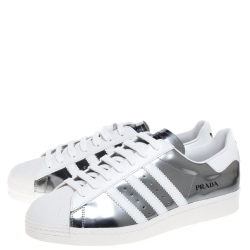 Prada x Adidas Silver/White Leather Superstar Low Top Sneakers Size 44 2/3