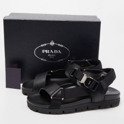 Prada Black Leather Tape Strap Flat Sandals Size 45