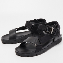 Prada Black Leather Tape Strap Flat Sandals Size 45