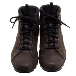 Pre Owned Prada Sport Graphite Brown Leather High Top Hiking Boots Size 42