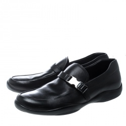 Pre Owned Prada Sport Black Leather Buckle Detail Loafers Size 43