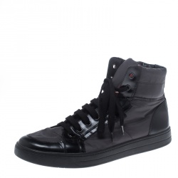 Prada Grey/Black Nylon and Leather High Top Lace Up Sneakers Size 44