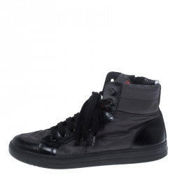 Prada Grey/Black Nylon and Leather High Top Lace Up Sneakers Size 44