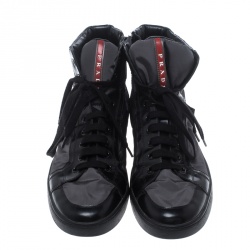 Prada Grey/Black Nylon and Leather High Top Lace Up Sneakers Size 44