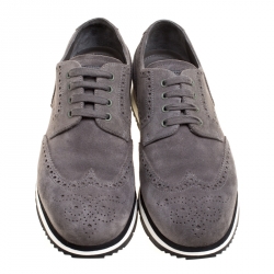 Pre Owned Prada Grey Brogue Suede Wingtip Detail Derby Sneakers Size 43.5