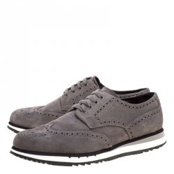 Pre Owned Prada Grey Brogue Suede Wingtip Detail Derby Sneakers Size 43.5