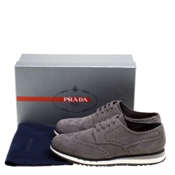 Pre Owned Prada Grey Brogue Suede Wingtip Detail Derby Sneakers Size 43.5