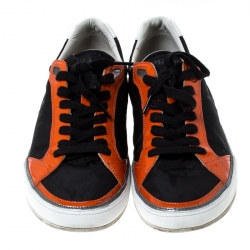 Prada Sport Black/Orange Nylon and Patent Leather Lace Up Low Top Sneakers Size 45
