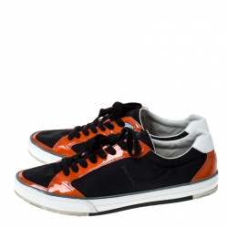 Prada Sport Black/Orange Nylon and Patent Leather Lace Up Low Top Sneakers Size 45