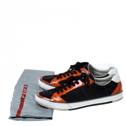 Prada Sport Black/Orange Nylon and Patent Leather Lace Up Low Top Sneakers Size 45