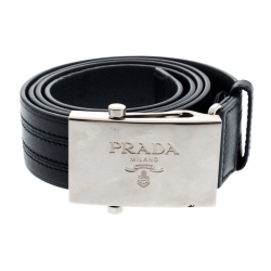 Pre Owned Prada Navy Blue Leather Military Belt 90CM