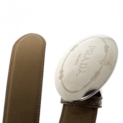 Prada Olive Green Leather Engraved Oval Plaque Buckle Belt 95CM