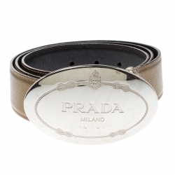 Prada Olive Green Leather Engraved Oval Plaque Buckle Belt 95CM