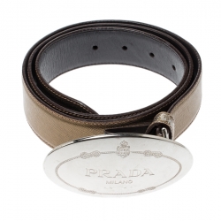 Prada Olive Green Leather Engraved Oval Plaque Buckle Belt 95CM