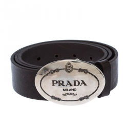 Pre Owned Prada Dark Brown Leather Logo Plague Belt 90CM