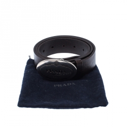 Pre Owned Prada Dark Brown Leather Logo Plague Belt 90CM