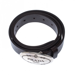 Pre Owned Prada Dark Brown Leather Logo Plague Belt 90CM