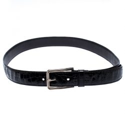 Prada Black Croc Embossed Patent Leather Buckle Belt 95CM