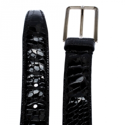 Prada Black Croc Embossed Patent Leather Buckle Belt 95CM