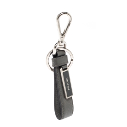 Pre Owned Prada Grey Saffiano Leather Logo Plague Key Ring