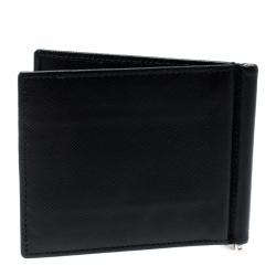 Prada Black Saffiano Leather Money Clip Bi-fold Wallet